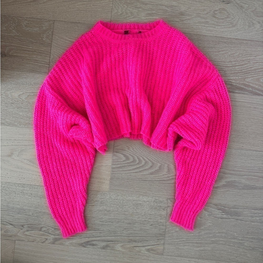 Forever 21 Pink Rib-Knit Cropped Pullover Sweater Solid Crew Neck Long Sleeve